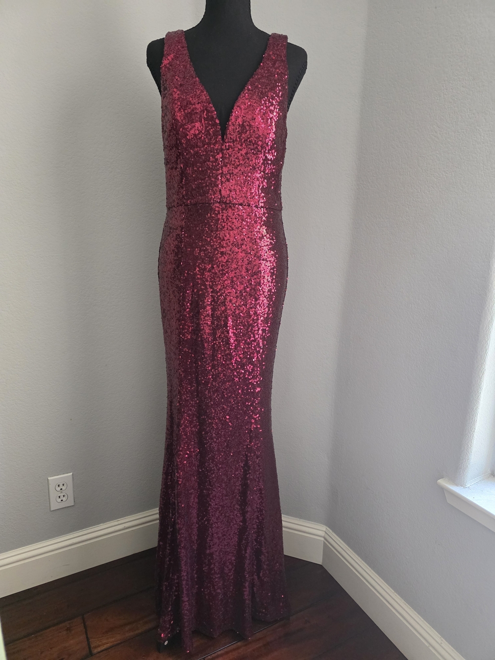 CRYSTAL DOLL Burgundy Sequin Mermaid Gown - Wired V-Neck